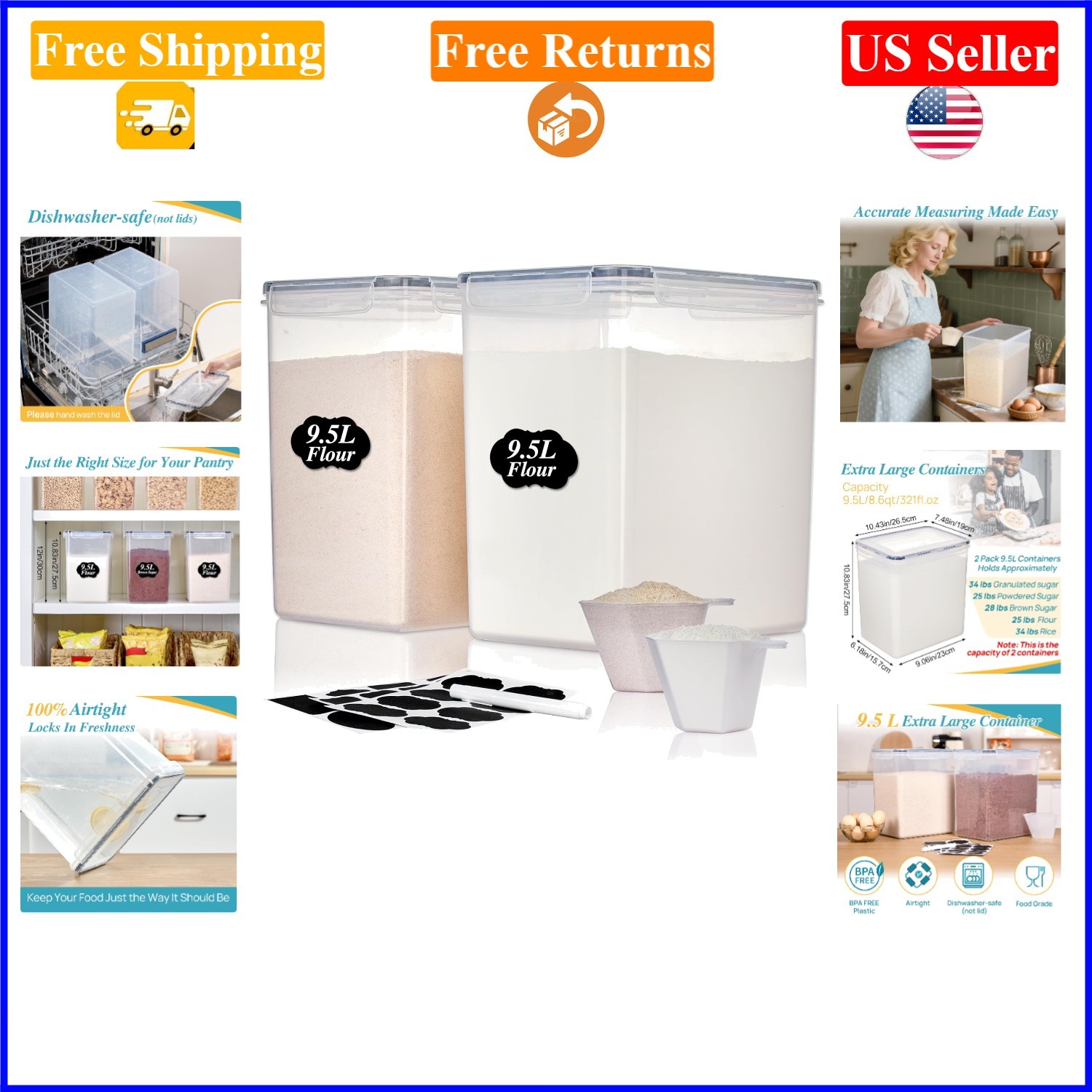 2 Pack 9.5L Black Airtight Food Storage Containers for Flour, Sugar, Rice