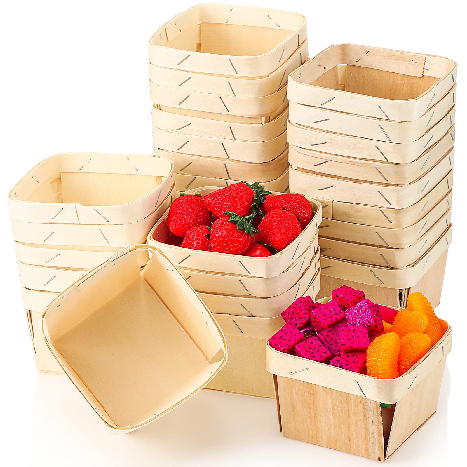 50 Pcs Wood One Pint Wooden Fruit Strawberry Berry Basket Bulk 4 x 4 x 2.5 In…