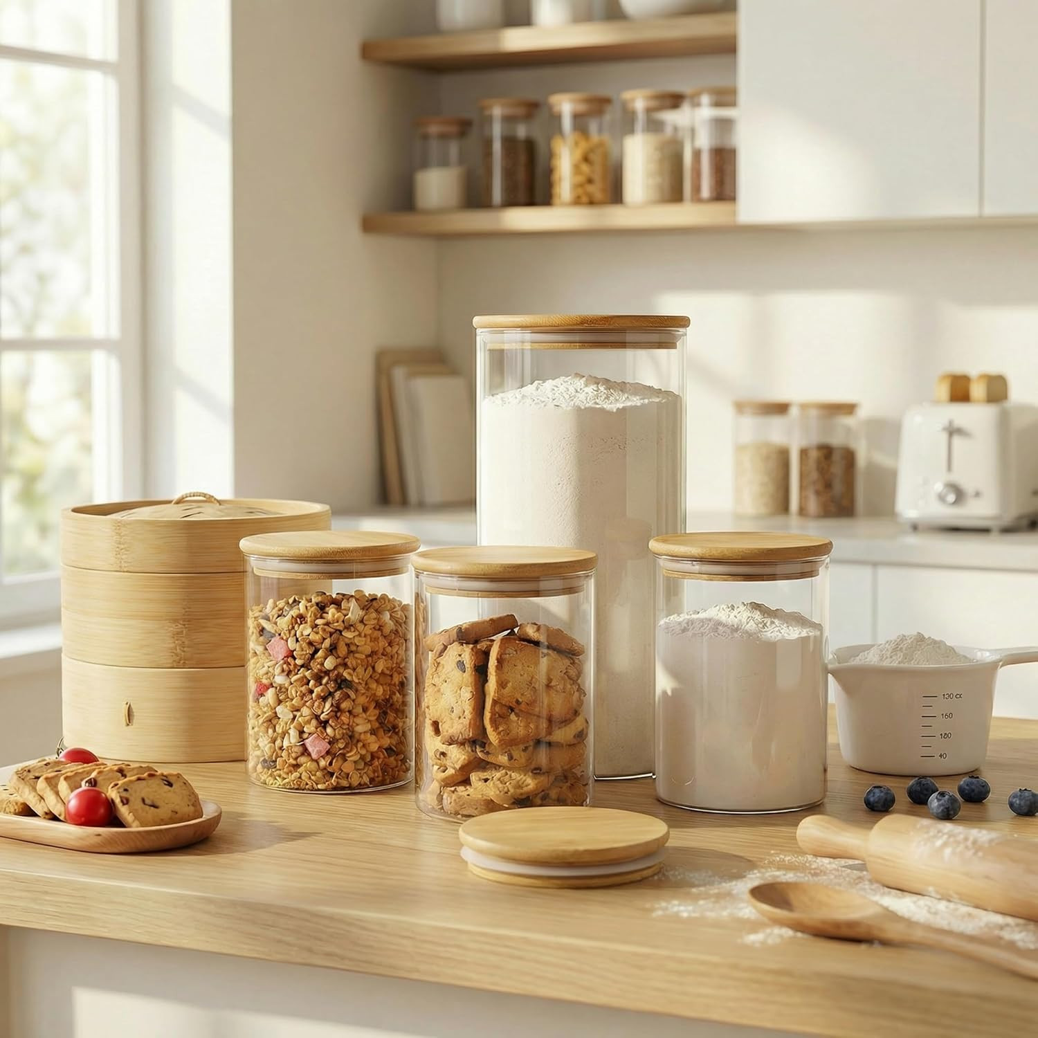 Extra Large Glass Flour and Sugar Storage Containers with Airtight Lids,132 F…