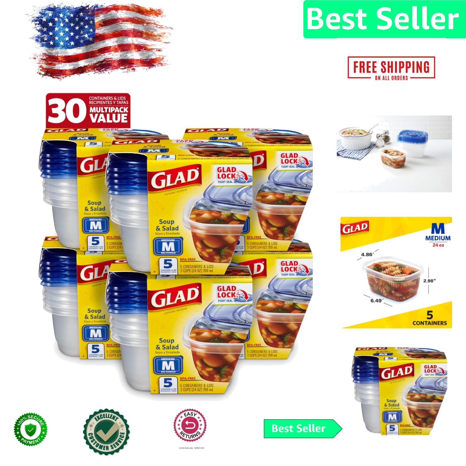 5 Count BPA Free Medium Food Storage Containers – Microwave & Dishwasher Safe