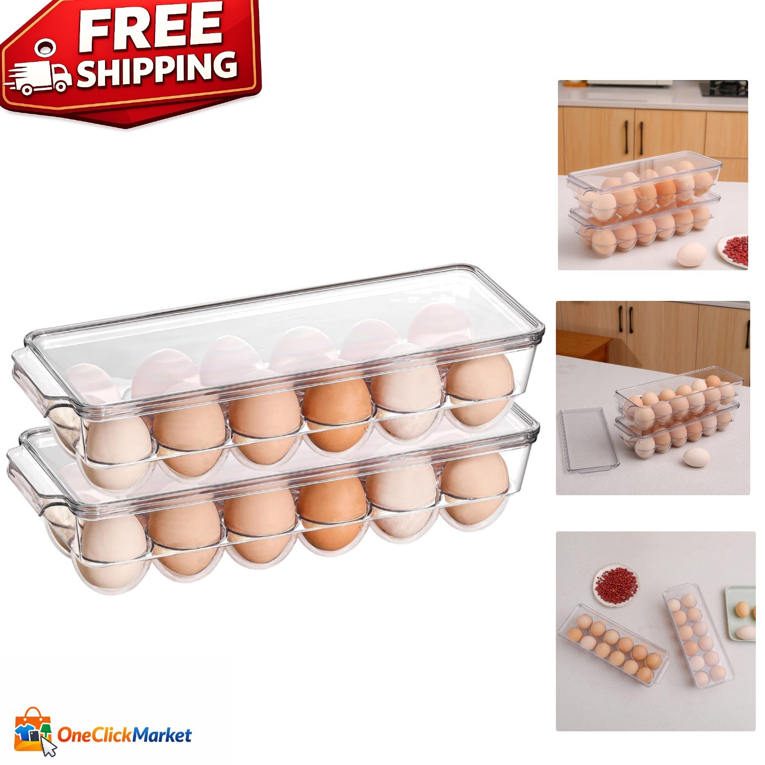 Compact 2 Pack Egg Organizer with Lids – Holds 12 Eggs Each, Space-Saving Design
