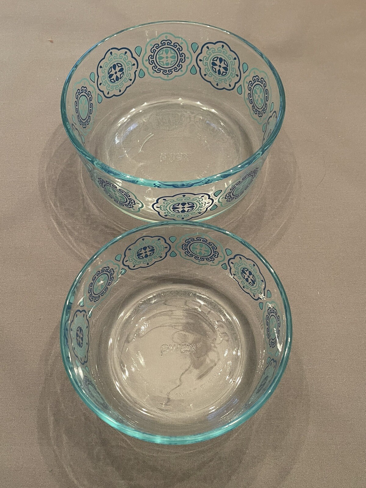 Two Pyrex Bowls with Blue Medallion Designs 7201 & 7203