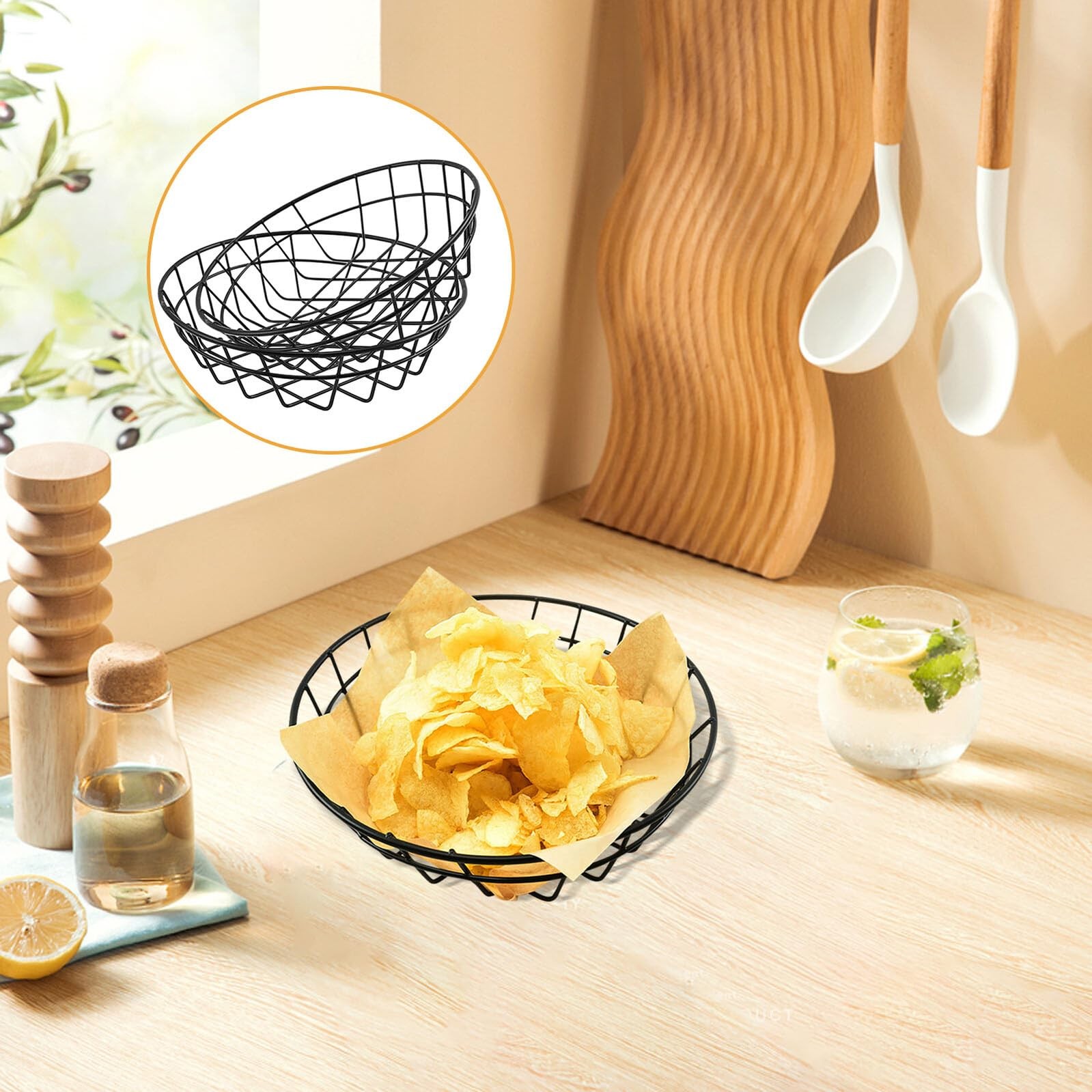 2 Pcs Wire Bread Basket 7.67 Inch Chrome Oval Metal Fast Food Baskets for Ser…