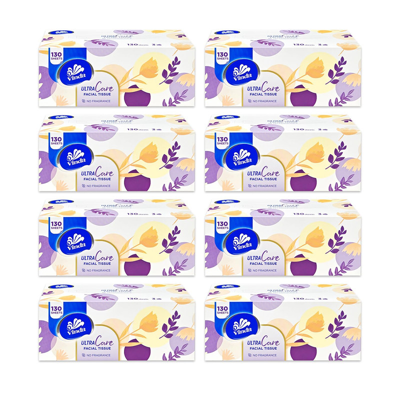 Vinda 3-Ply Ultra Care Facial Tissues 130 Soft Strong Sheets Per 8 Flat Boxes