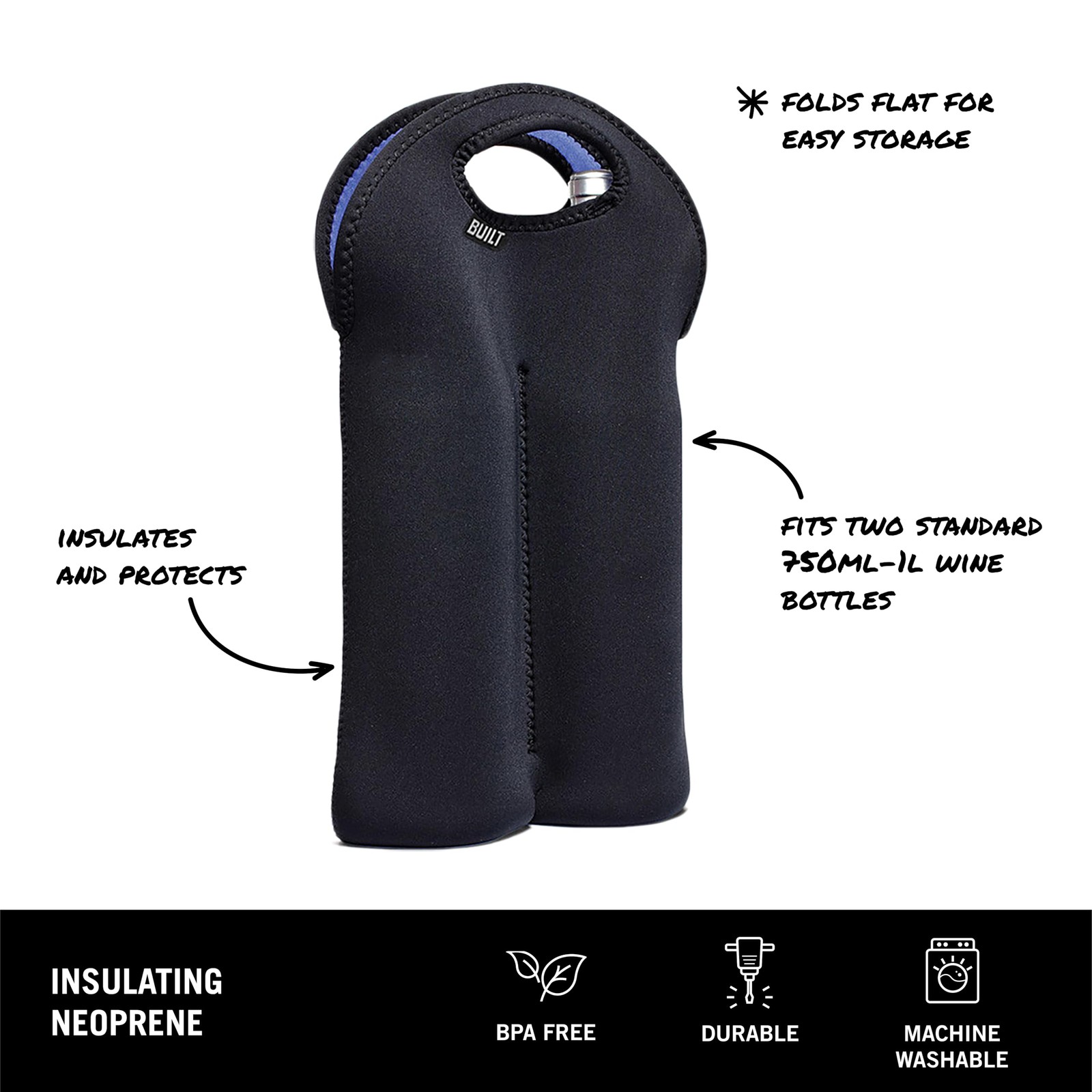 Built 2B-Blk 2-Bottle Stain Resistant Neoprene Wine/Water Bottle Carry Tote