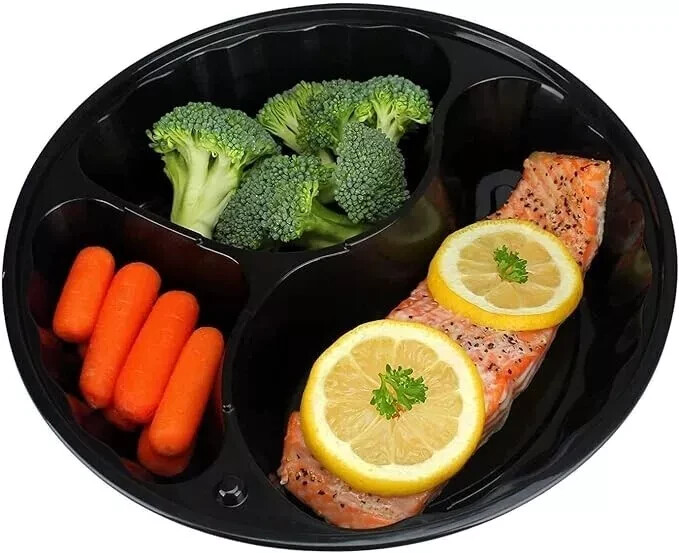 Meal Prep 48 Oz Three Compartment Food Containers with Lids 50- Pack Black Round