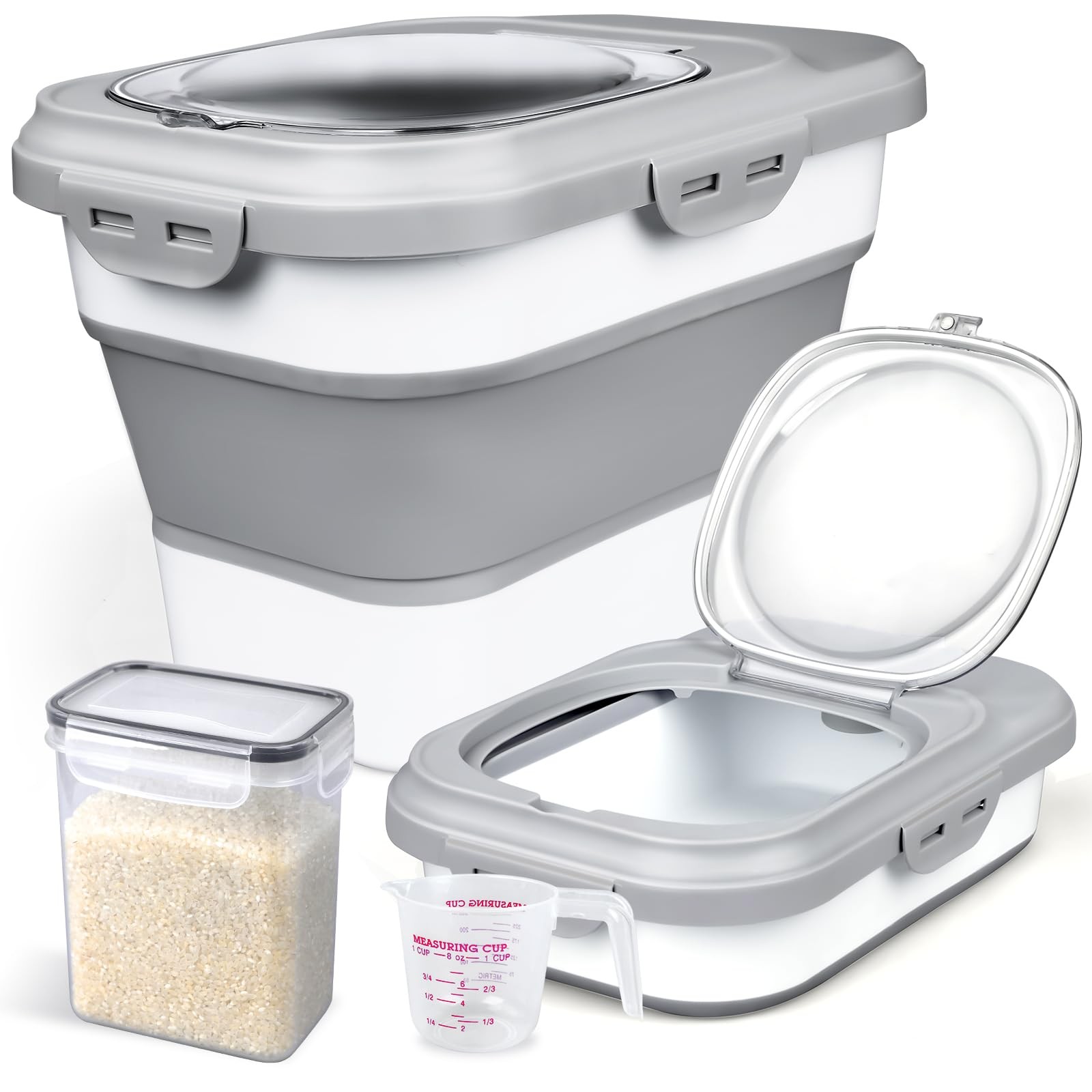 Komzon Rice Storage Container, Collapsible Airtight Food Gray