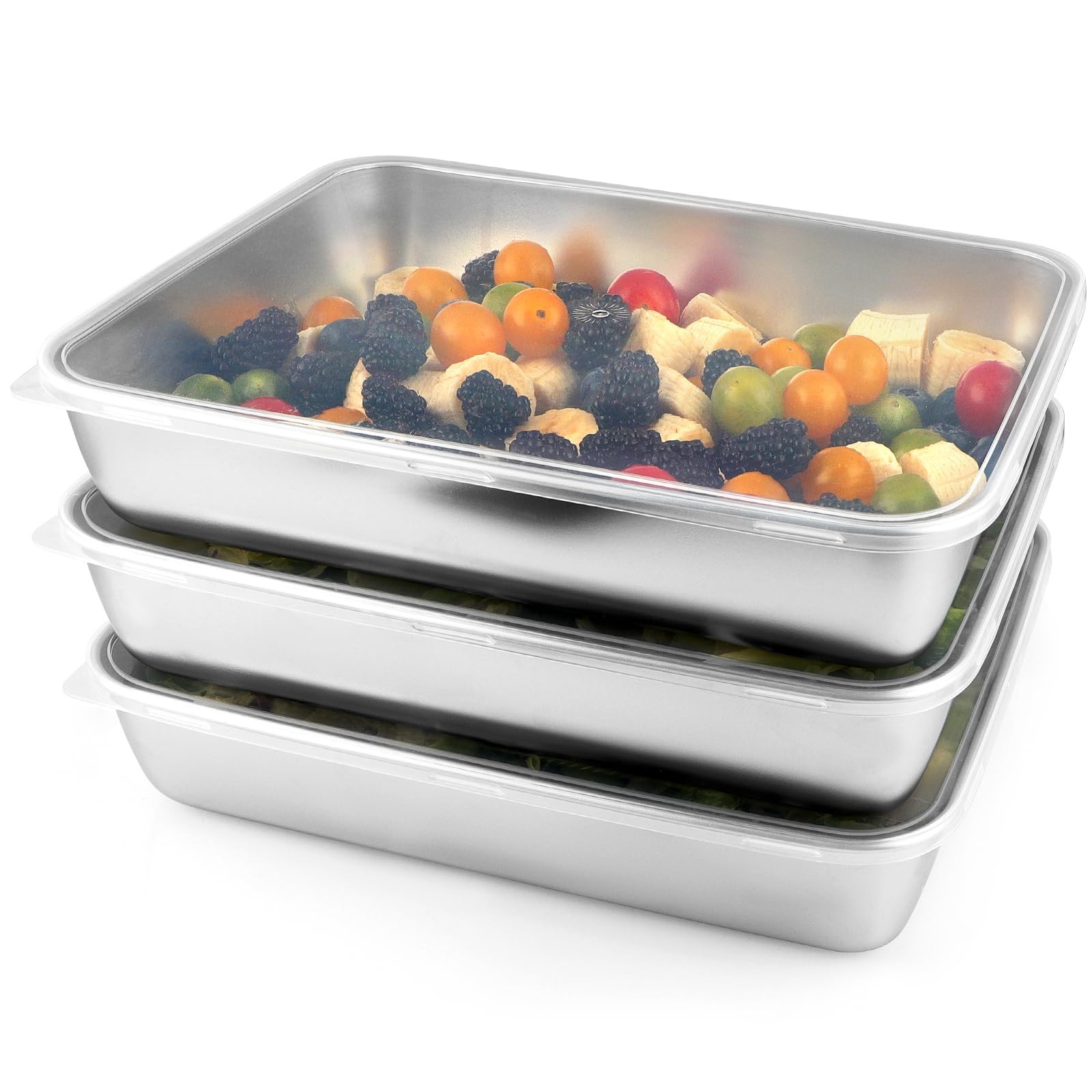 3 Pcs (118oz) Stainless Steel Food Containers with Clear Lids, 12″ x 9.6″ Lar…