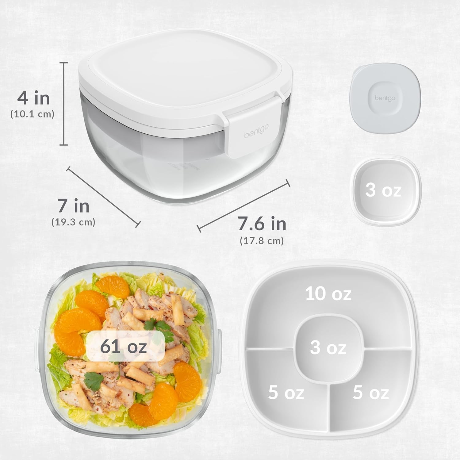 All-in-One Glass Salad Bowl – Airtight 61-oz with Bento Tray & Sauce Container