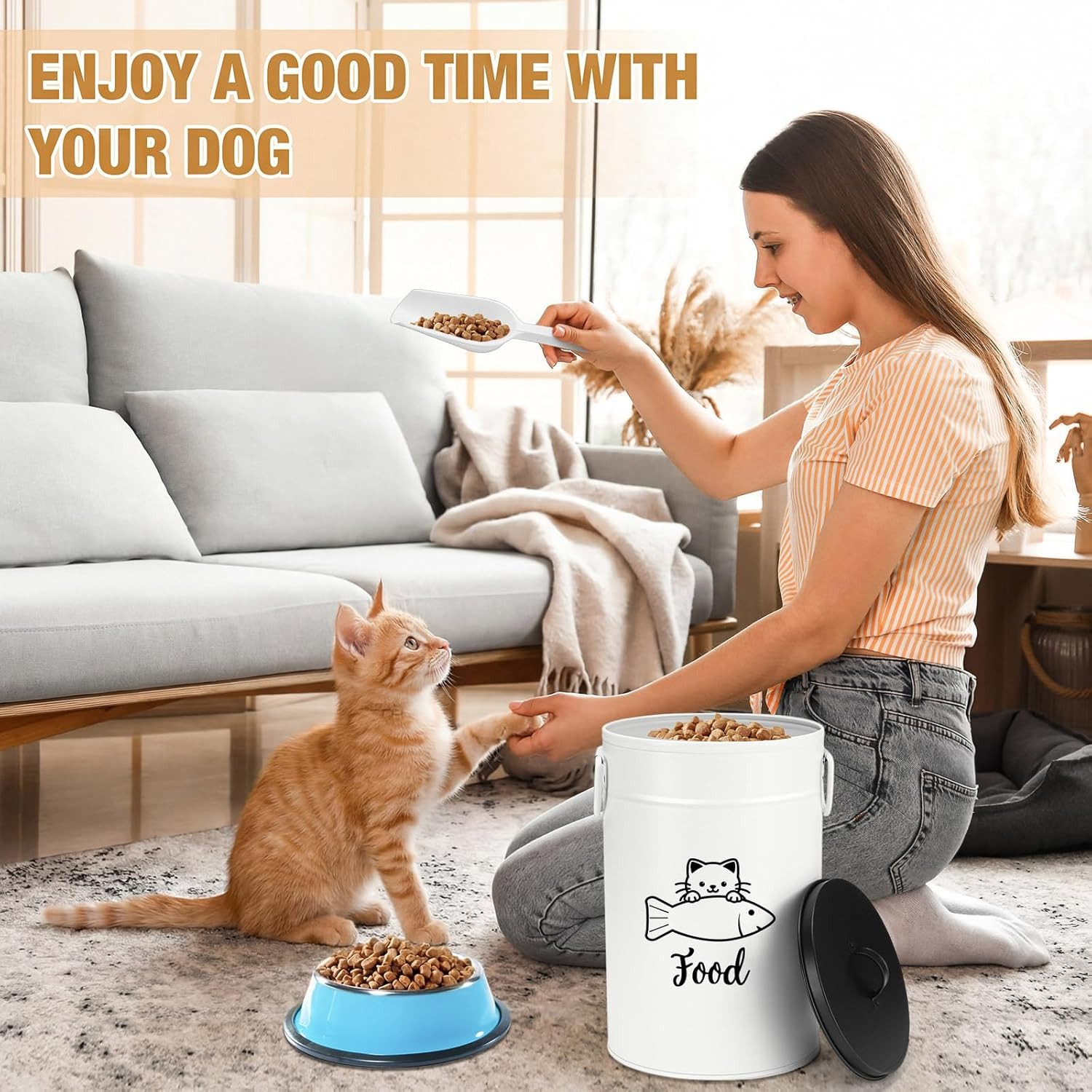 Metal Cat Food Storage Containers Set of 2 Airtight Cat Treat Snack Jars with Li