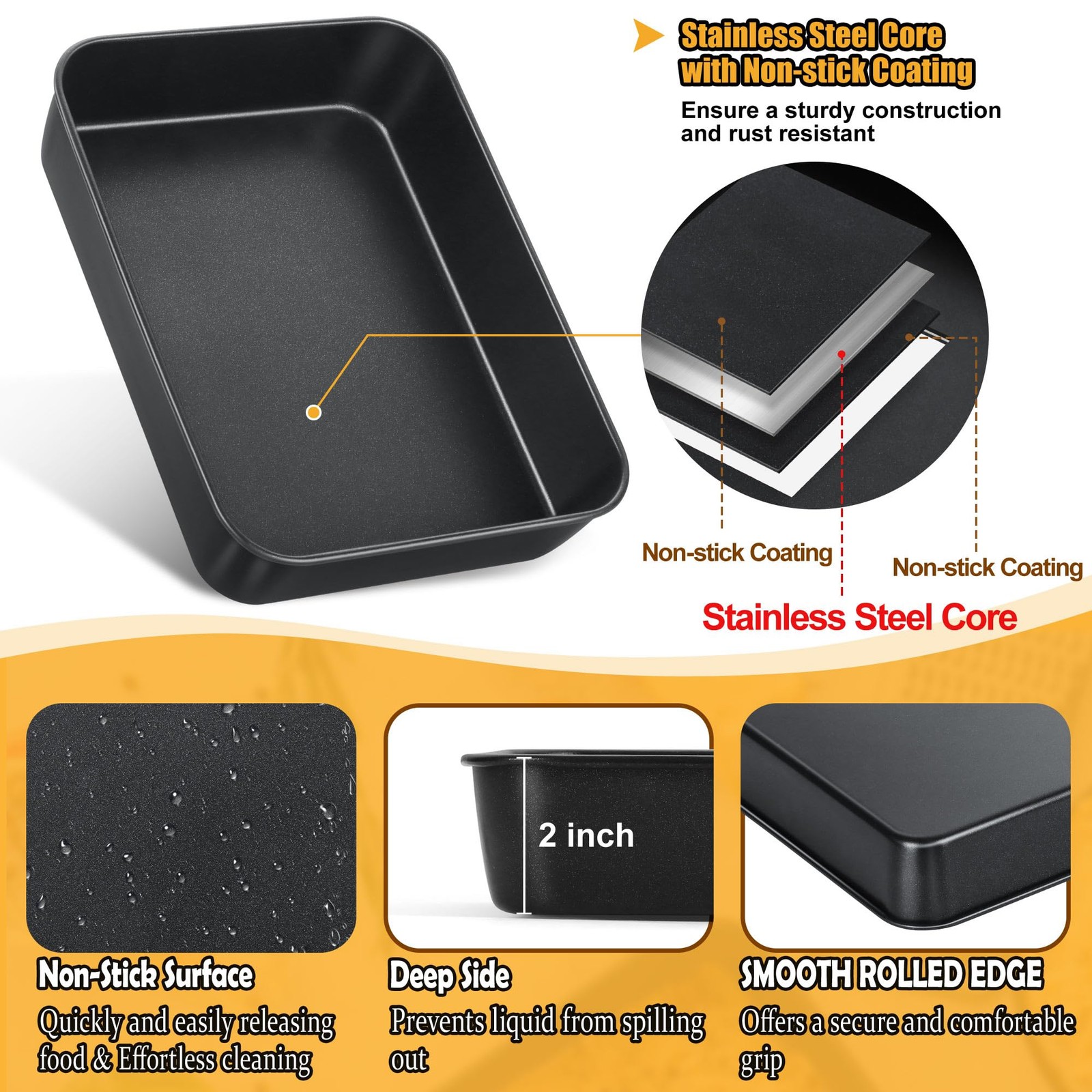 TeamFar Lasagna Pan, 9.4 x 7 x 2 Inch Stainless Steel Deep 9 Inch, Black