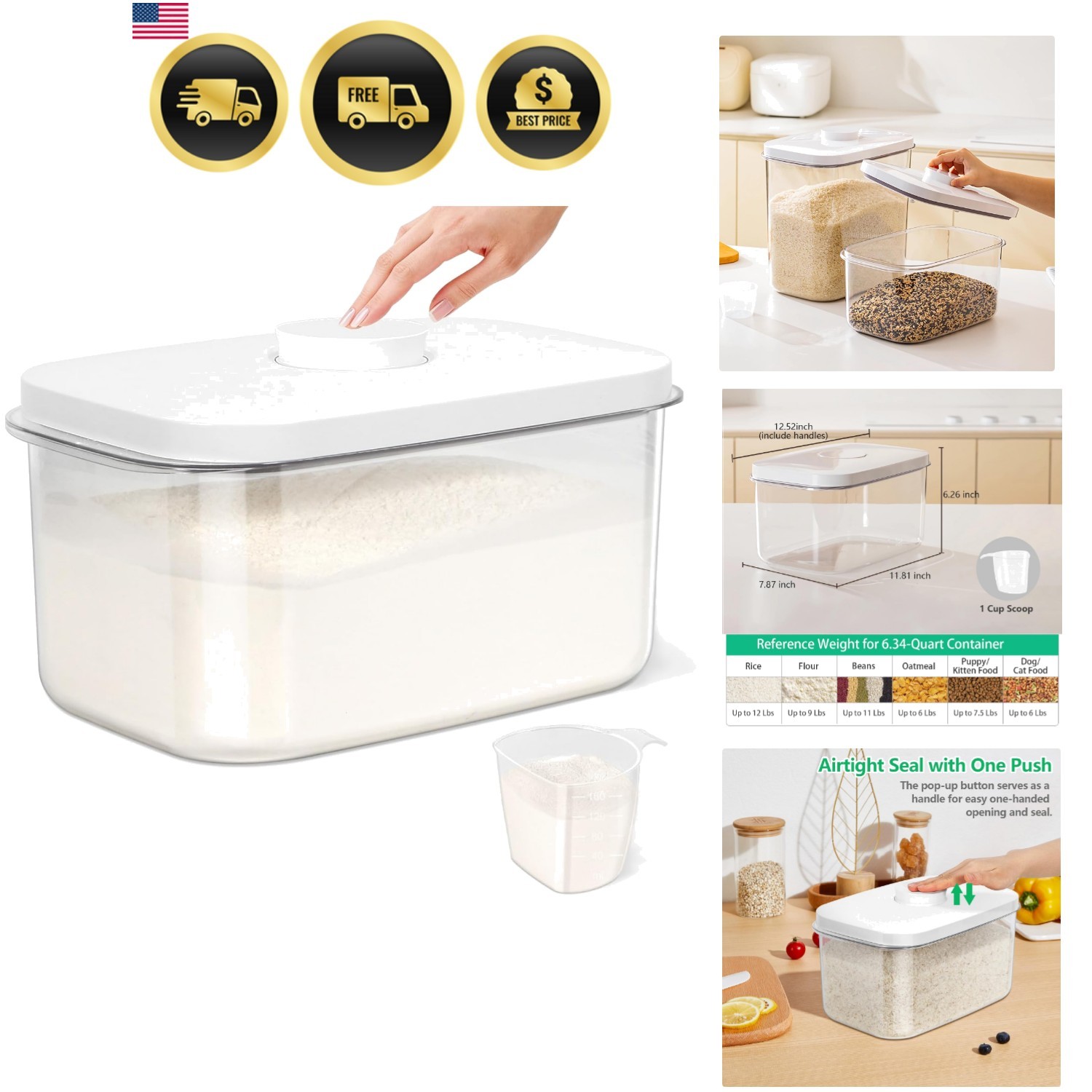Airtight Food Storage Container Bin with Pop Up Lid for Flour Rice Sugar Kitchen