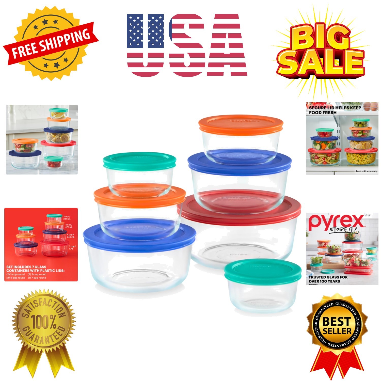 Simply Store 7-Pack Glass Food Storage Containers Set, 1, 2, 4 & 7 Cup Meal P…