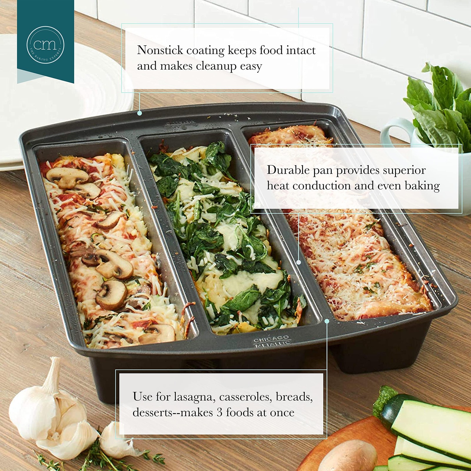 Chicago Metallic Professional Lasagna Trio Pan, 12 by 16 3″, Silver