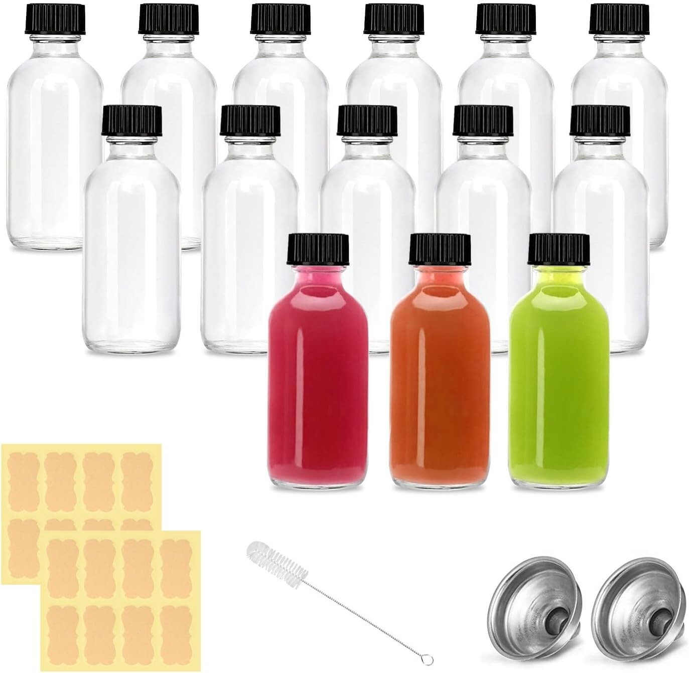 14 Pack 2oz Small Ginger Shot Bottles with Lid Caps Reusable Glass Bottles