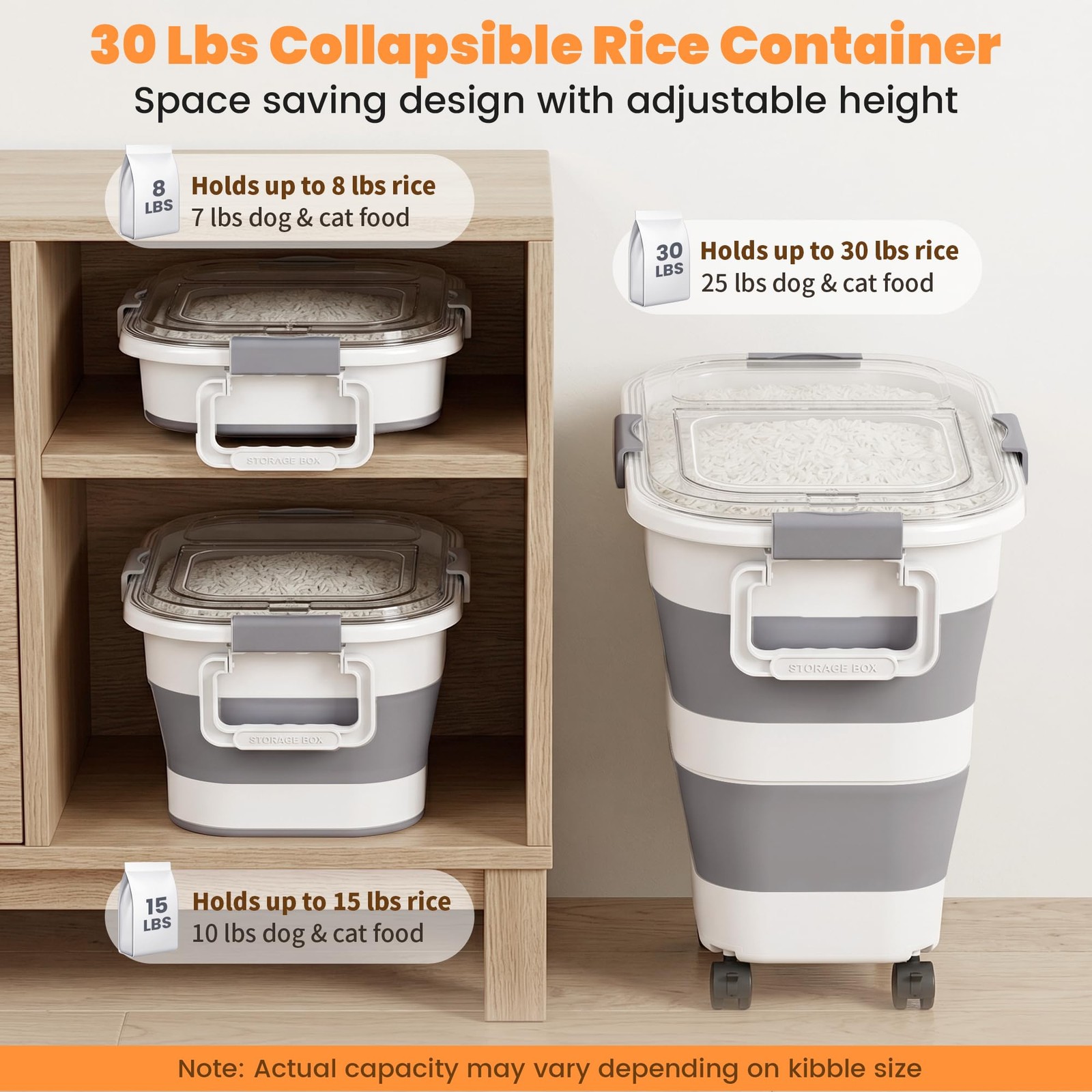 30 Lbs Rice Storage Container with Wheels, Collapsible Airtight Dog Food Stor…