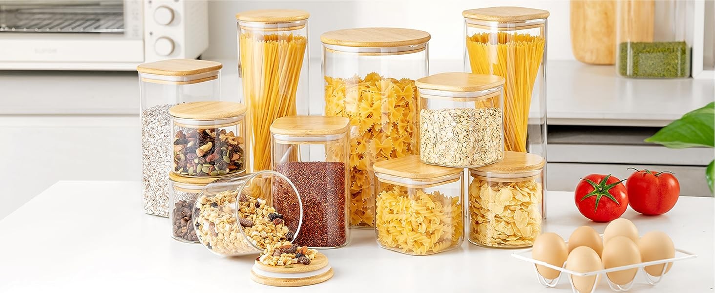 42oz – 4 Pack Square Glass Jars with Bamboo Lids, Glass Food Storage Containers