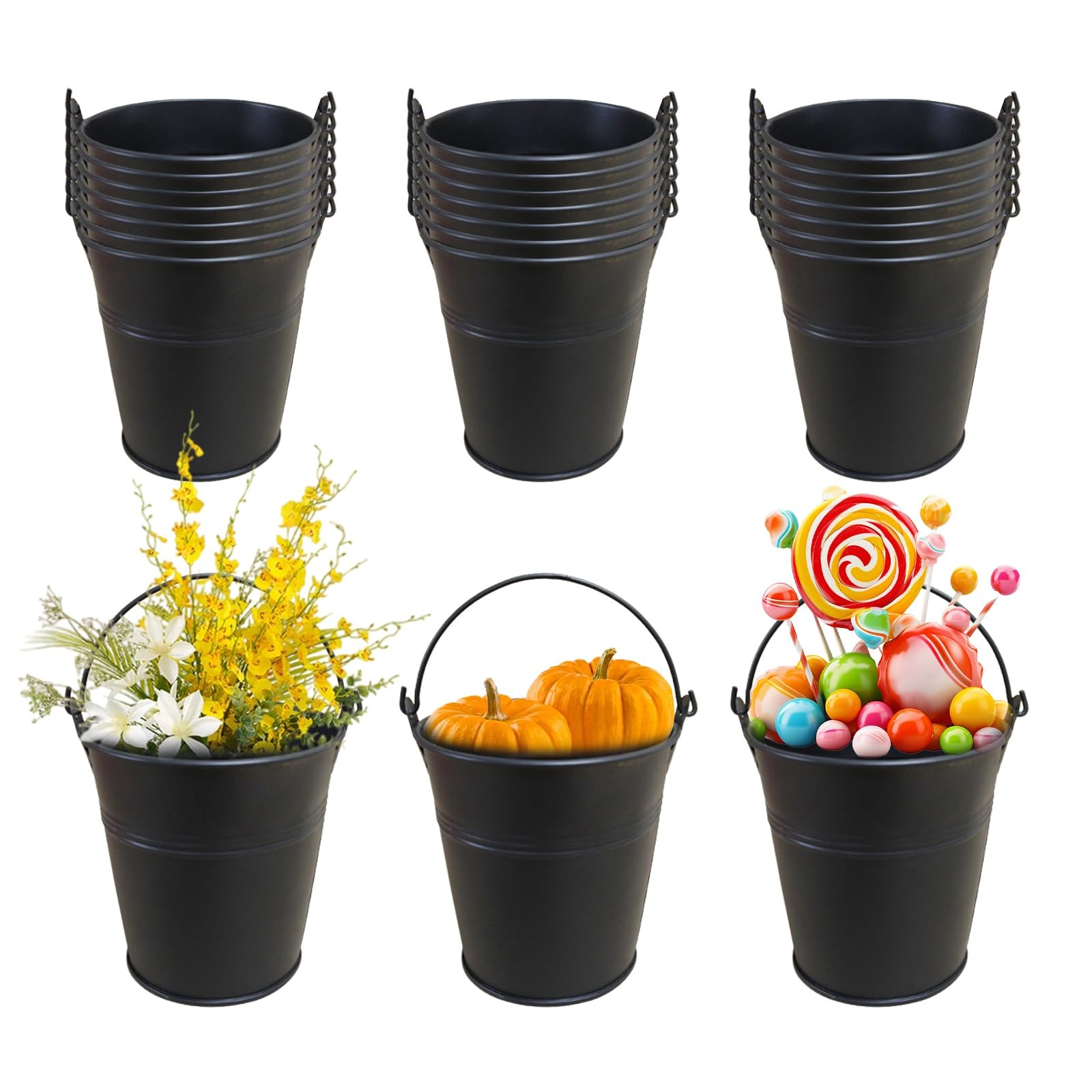 24 Packs Mini Metal Buckets with Handles 5×3.5×4.7 Inch Black Iron Pail