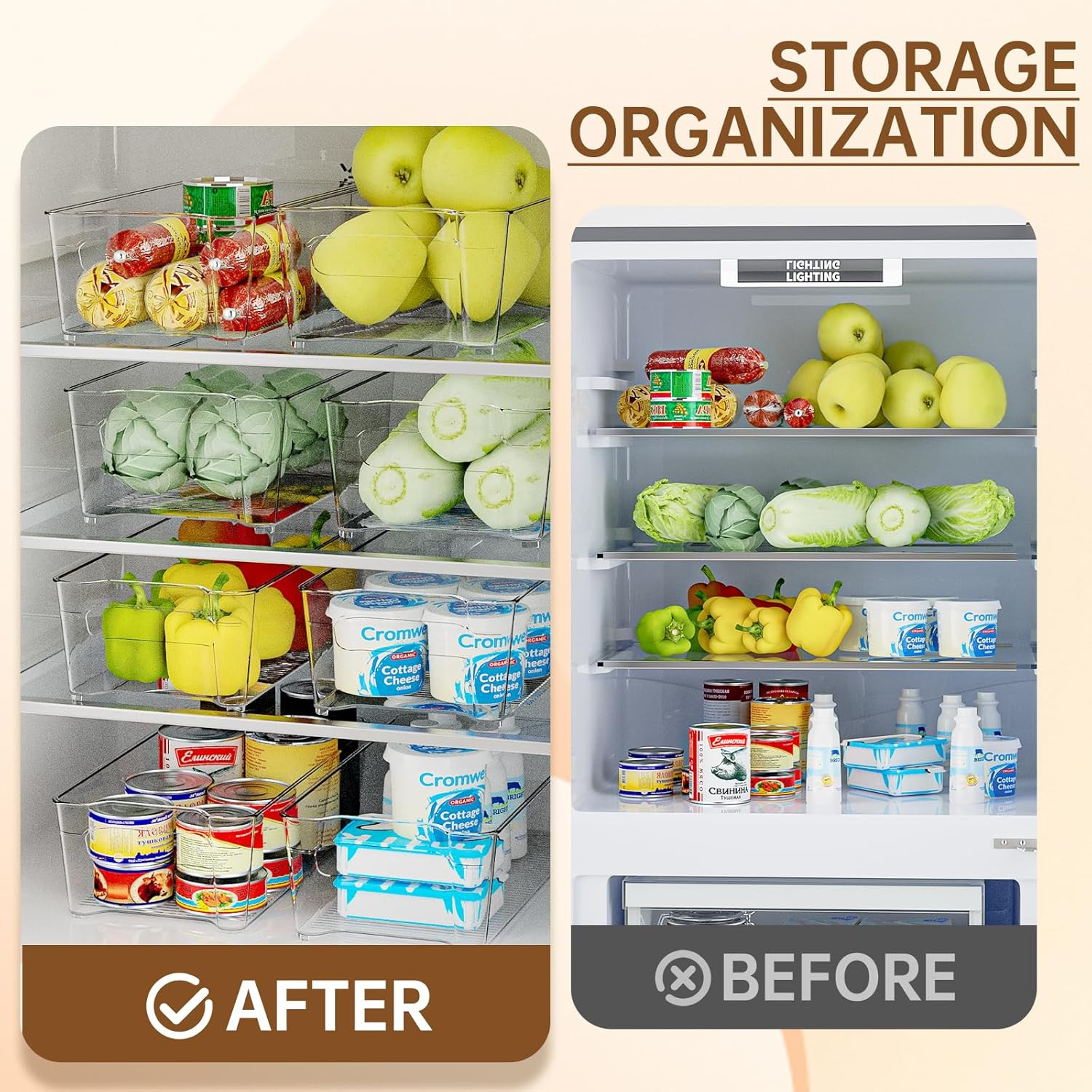 Clear Fridge Organizer, Refrigerator Organizer Bins with Handle, Freezer, Kitche