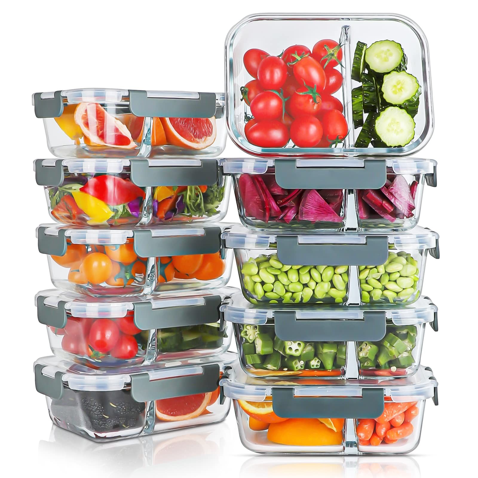 10 Pack 30oz Glass Meal Prep Containers, 2 Compartment, Airtight, Microwave Safe