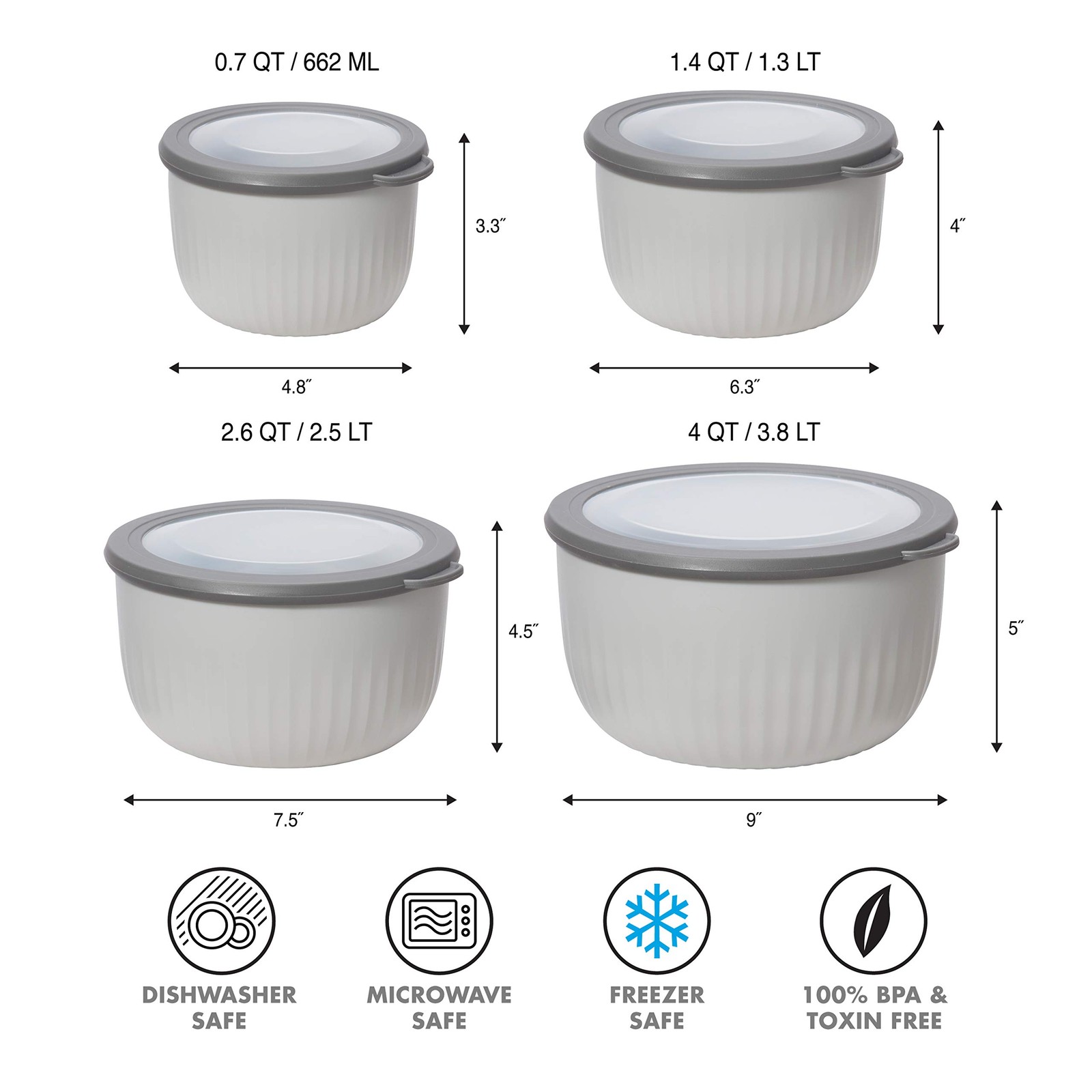 Plastic Storage Bowl 4 Qt, See Through Lid, Microwave Safe, Dk Gray