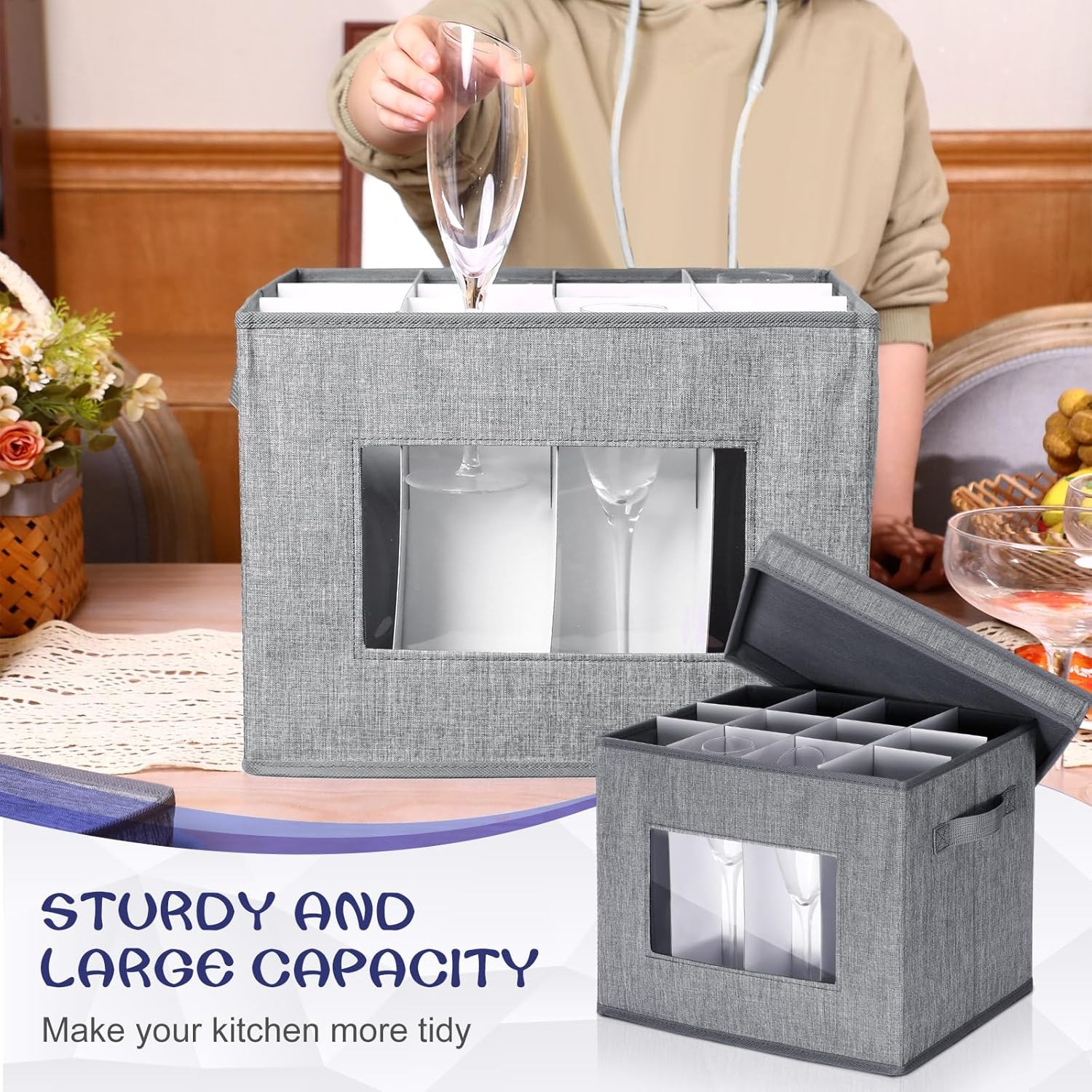 Uiifan 6 Pack Stemware Storage Box Set with Dividers, 12 Compartments Wine Glass