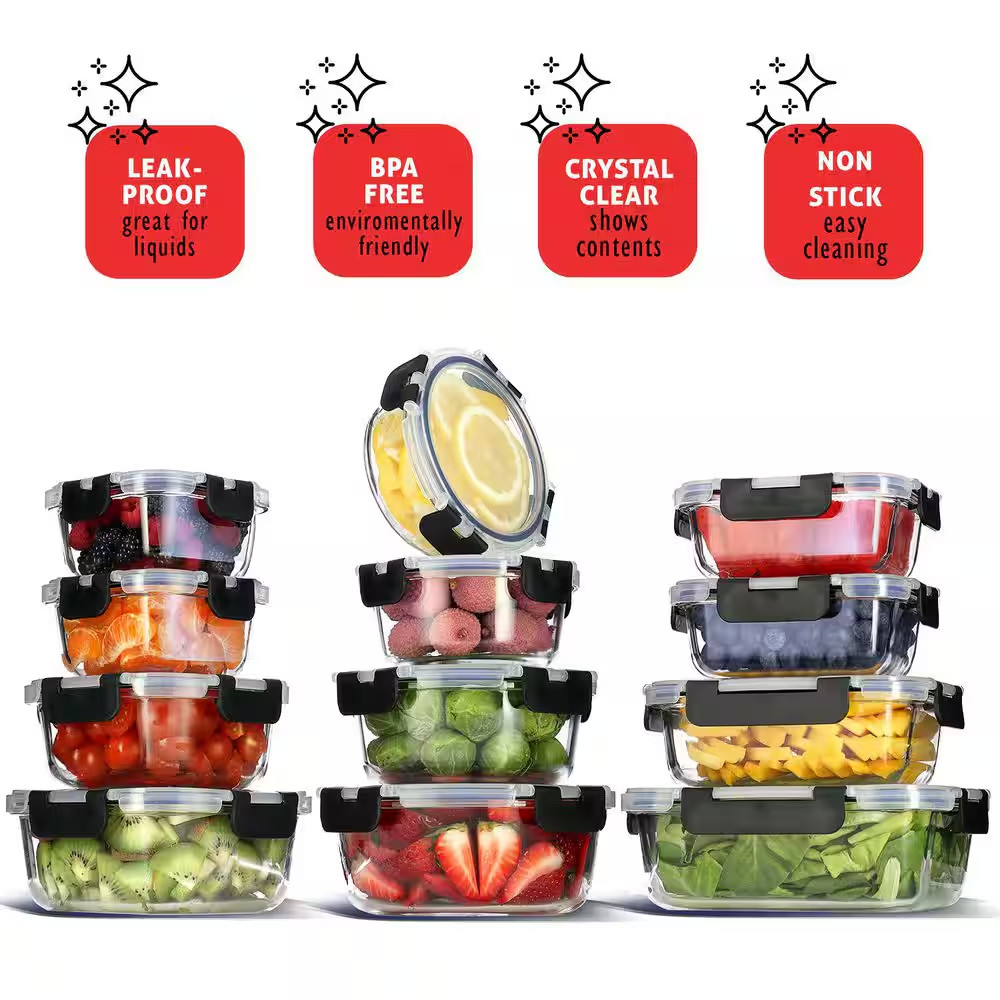 12-Pack Glass Food Storage Containers with Lids