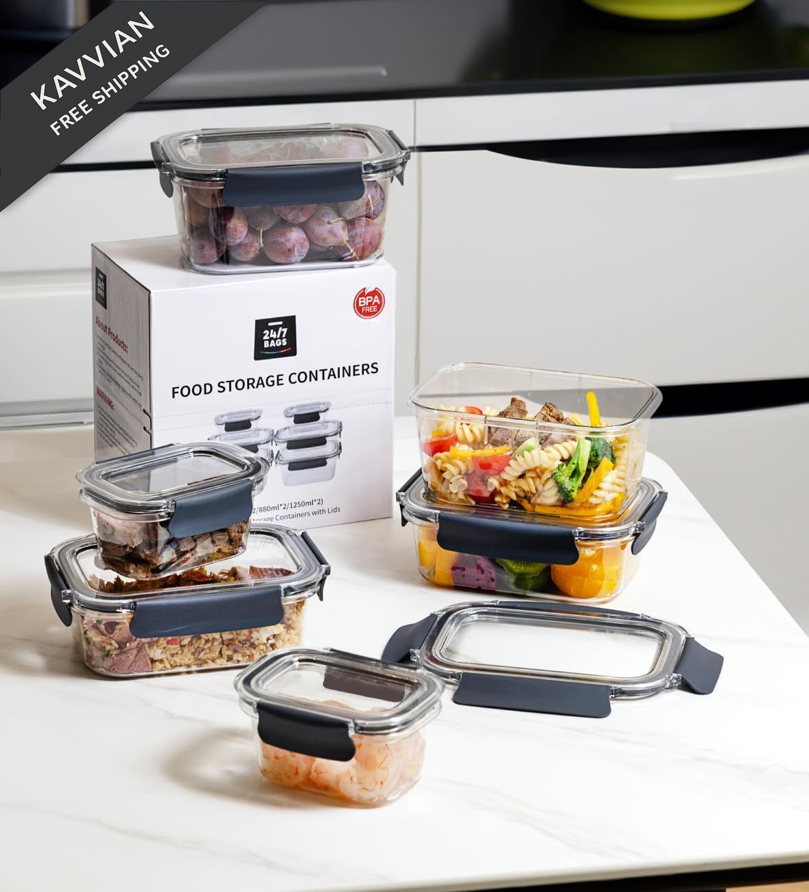 24/7 BAGS 6 Set Quad Lock Airtight Pantry Storage Containers, Leak Clear