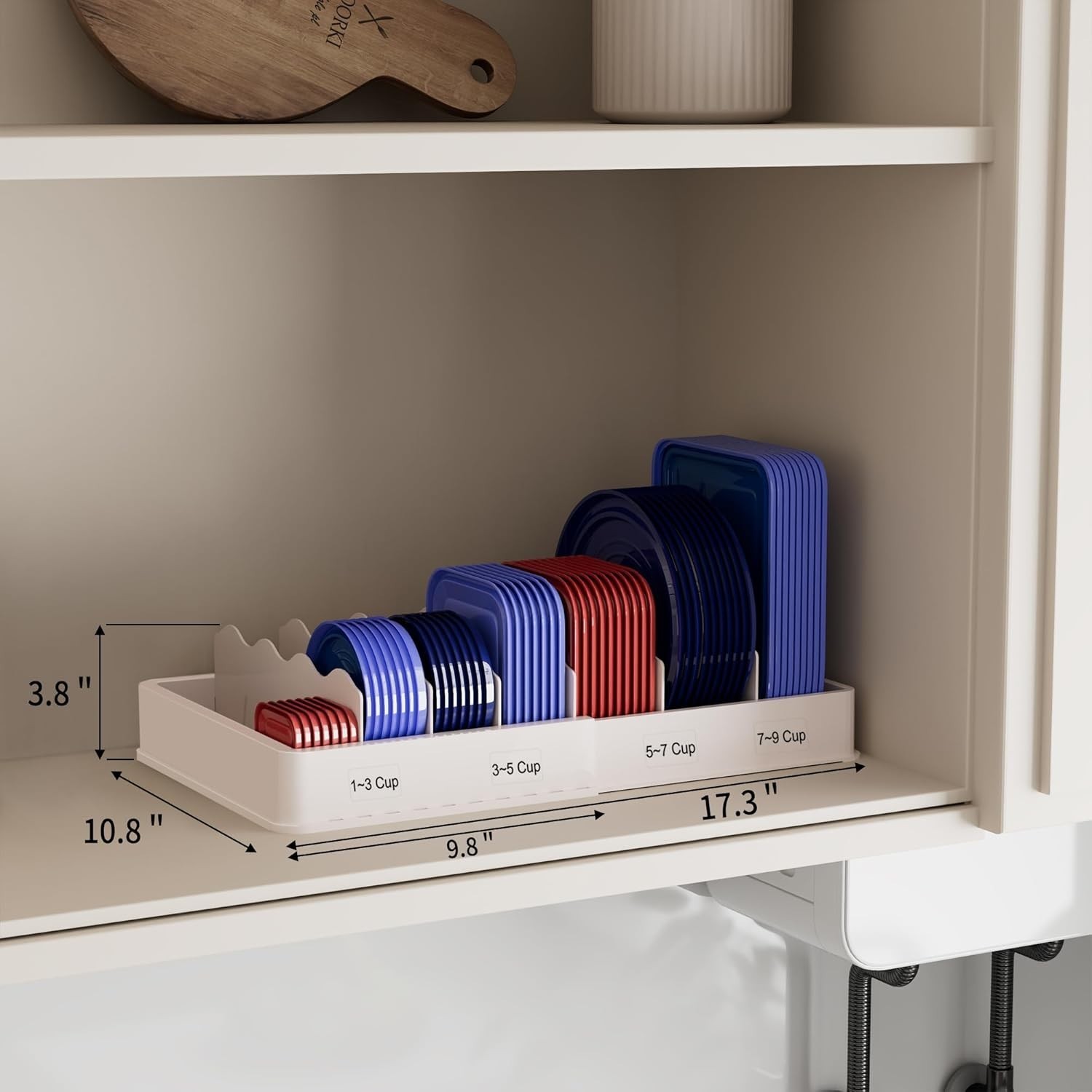 Expandable Food Storage Container Lid Organizer Includes 6 Adjustable Dividers