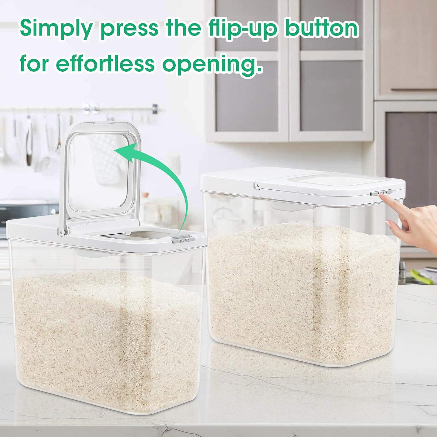 Rice Flour Storage Container with Automatic Flip-Up Lid 25 Lbs | 12.68 Qt, Tall
