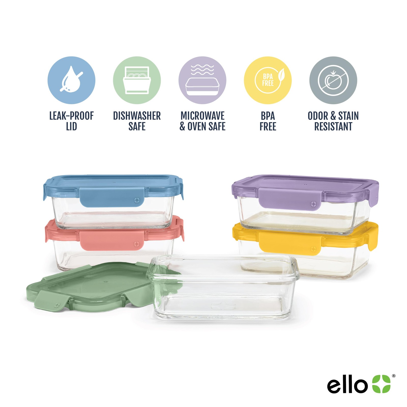 Ello Color Lock 3.4 Cup 10PC, 5 Pack Glass 5 x cups, Meal Prep: Festival