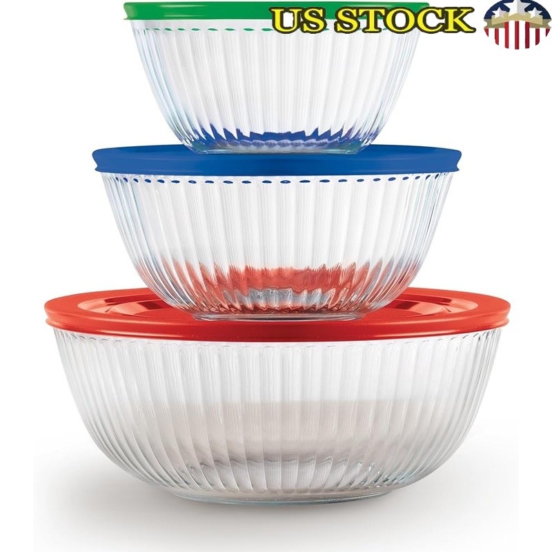 Borosilicate Glass Bowl Set 6 Pieces W/ BPA Free Lids Food Storage Prep New