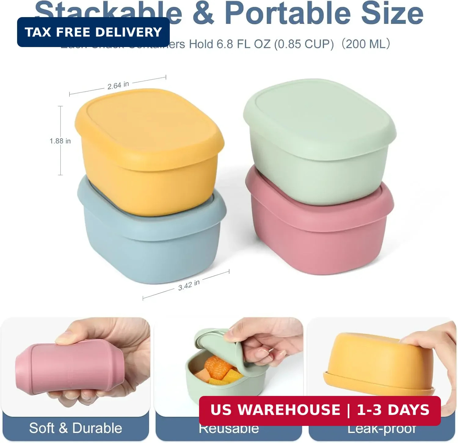 Silicone Snack Containers Set of 4 Kids 7oz Stackable Lunch Leakproof BPA Free