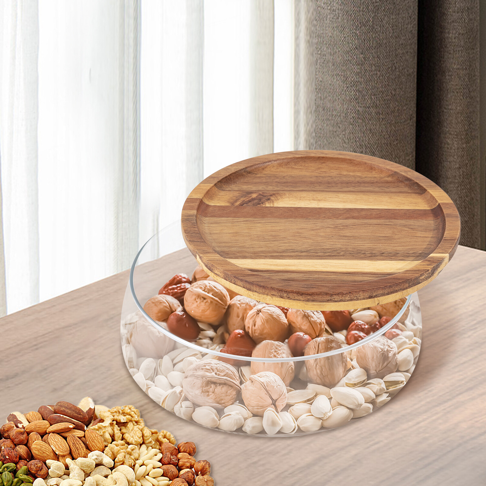 Clear Candy & Nuts Serving Container Round Food Storage Platter W/ Wooden Lid US