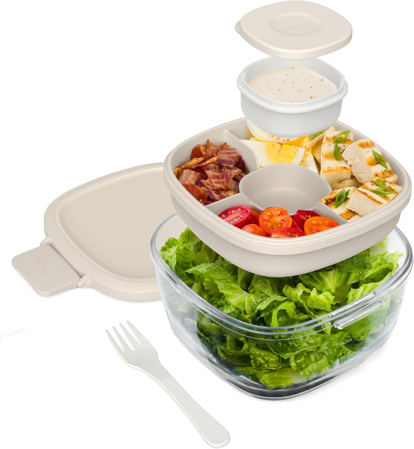 7.6 Cup Glass Salad Container Bento Box Airtight Lid BPA Free White Tan