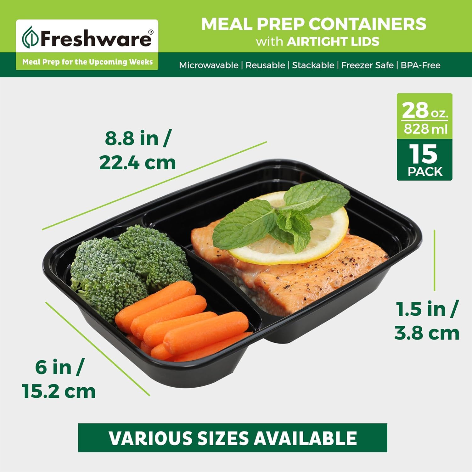 Meal Prep Containers [15 Pack] 2 Compartment with Lids, Food Storage Containe…