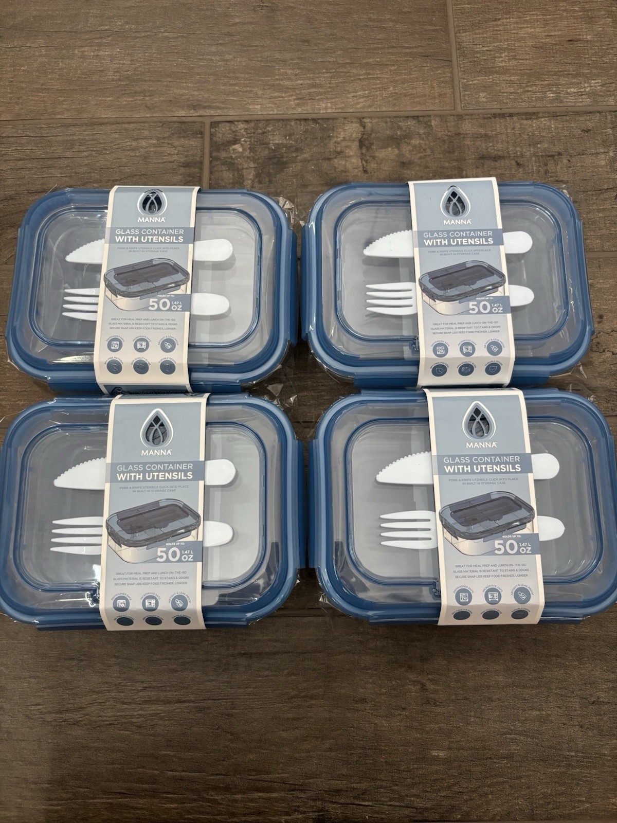 Set of 4 50 OZ Glass Lunch Storage Containers with Lids & Utensils