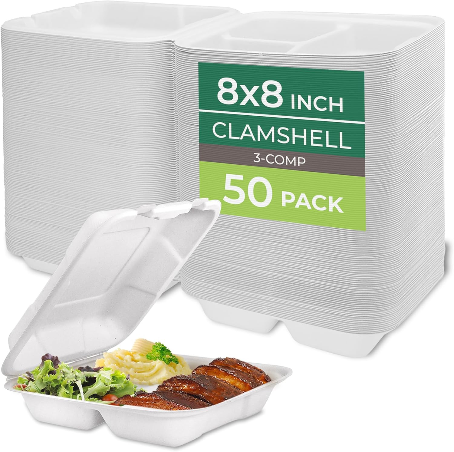 Clamshell Food Containers with Lids [8X8″] 3-Compartment 50-Pack