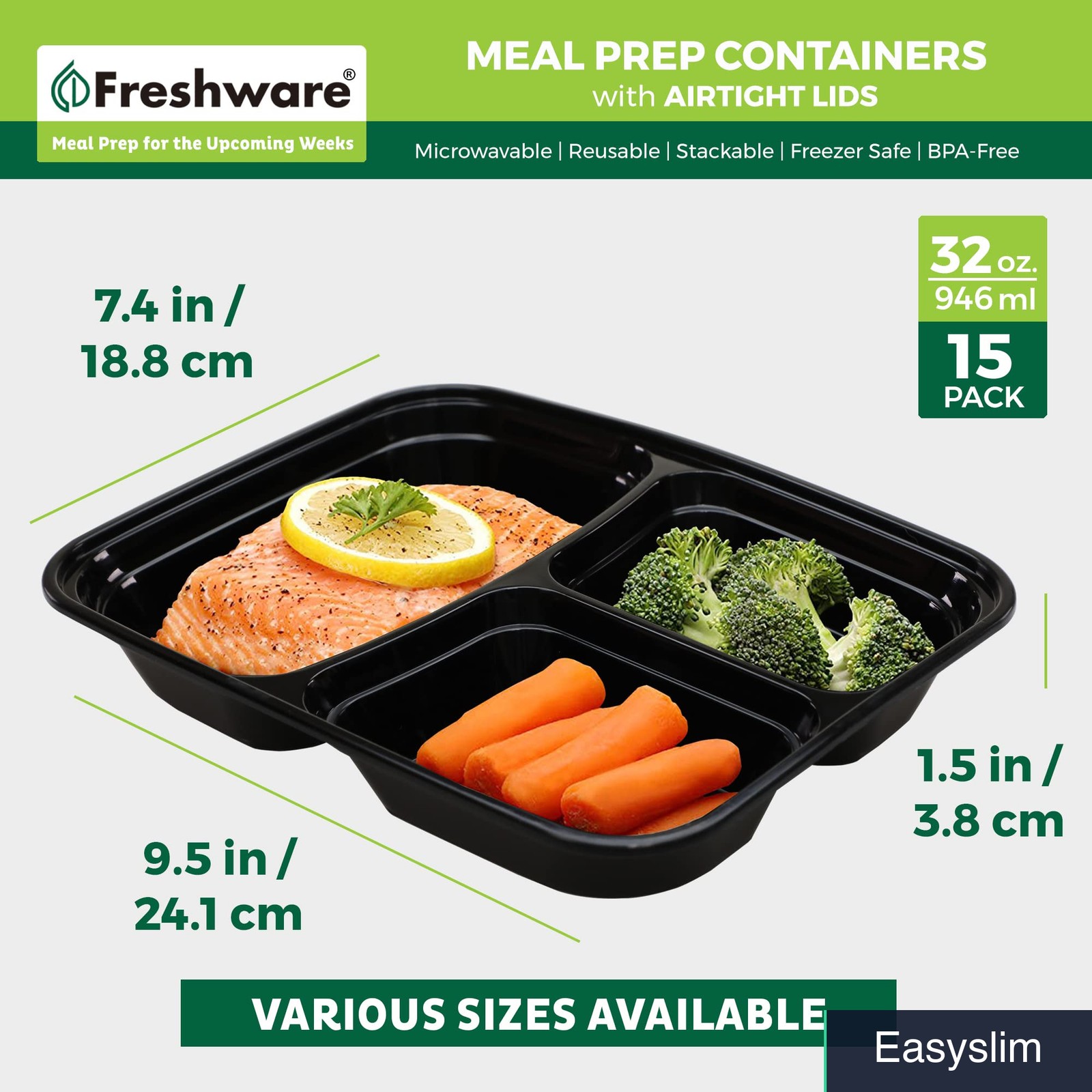 Meal Prep Containers 15 Pack 3 Compartment 32oz Bento Box Stackable