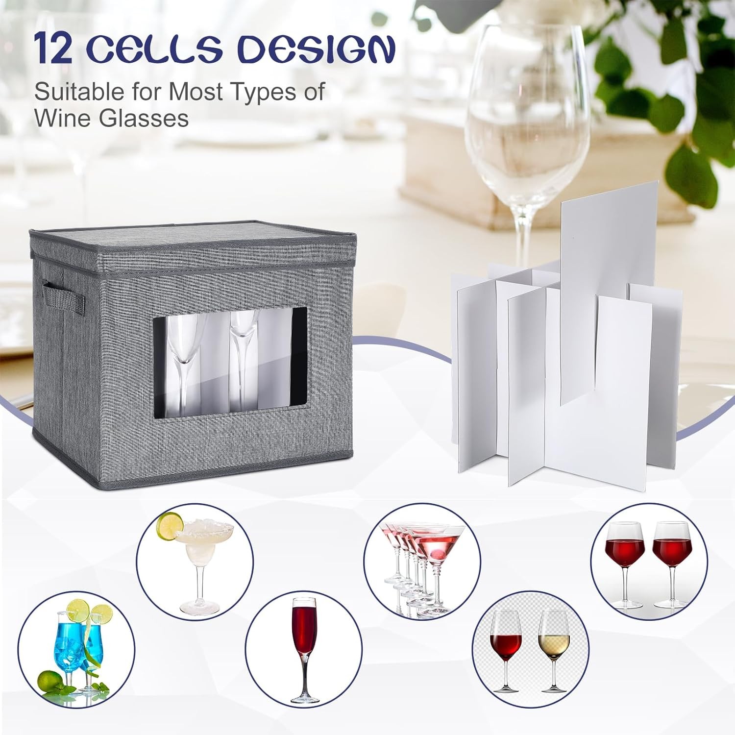 Uiifan 6 Pack Stemware Storage Box Set with Dividers, 12 Compartments Wine Glass