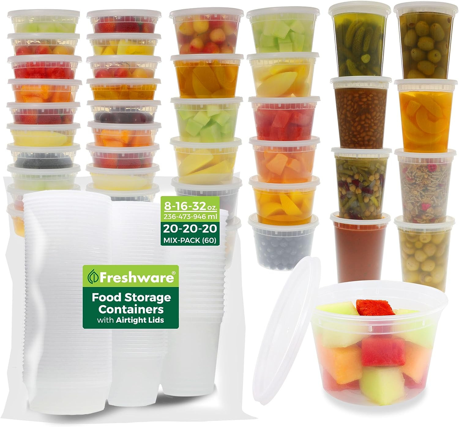 Freshware Food Storage Containers with Lids [8/16/32 Oz X 20 Each, 60 Sets] Deli