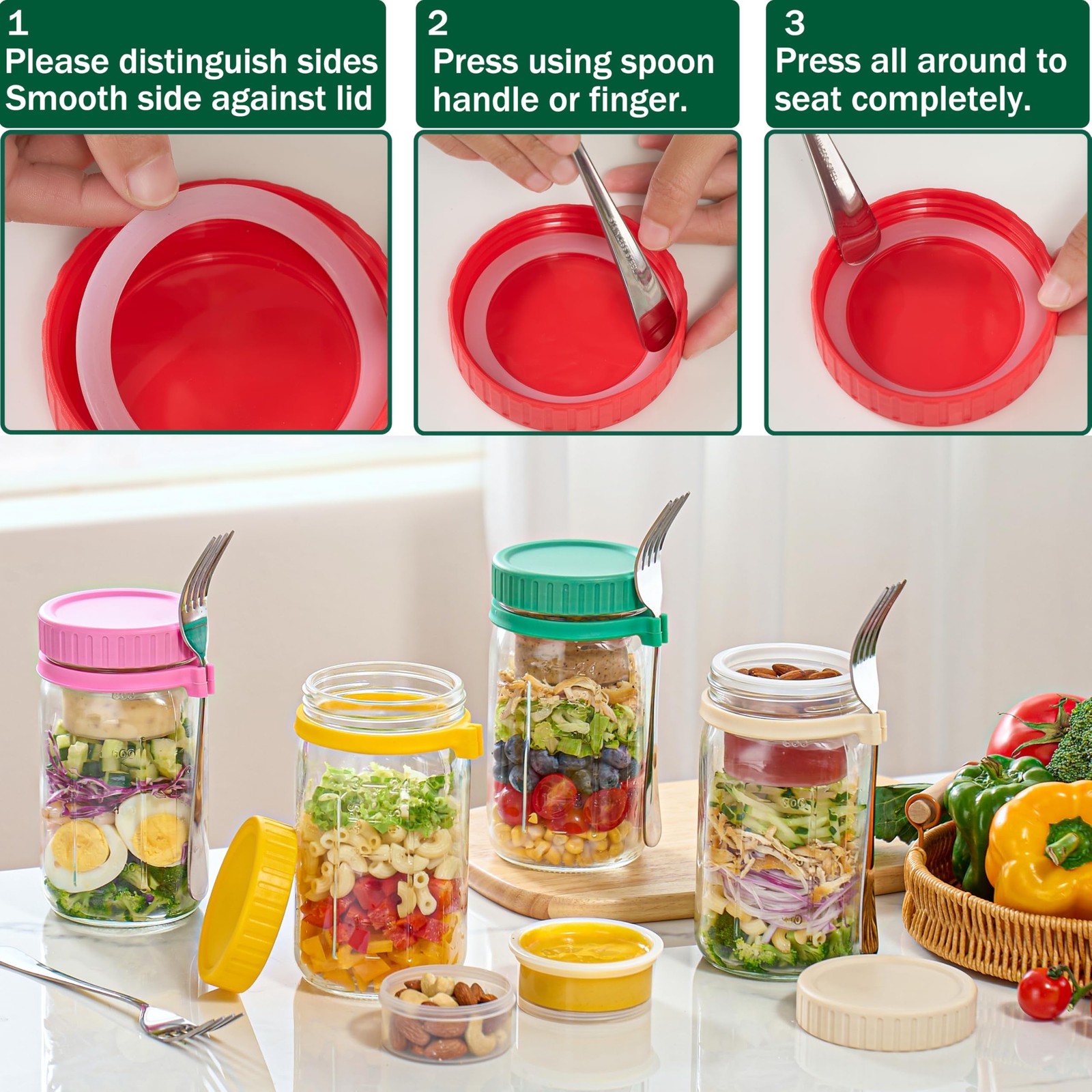 Danmu 32 oz Salad Jars with 2 Dressing Cups & Forks – Glass Mason Jar Meal Pr…