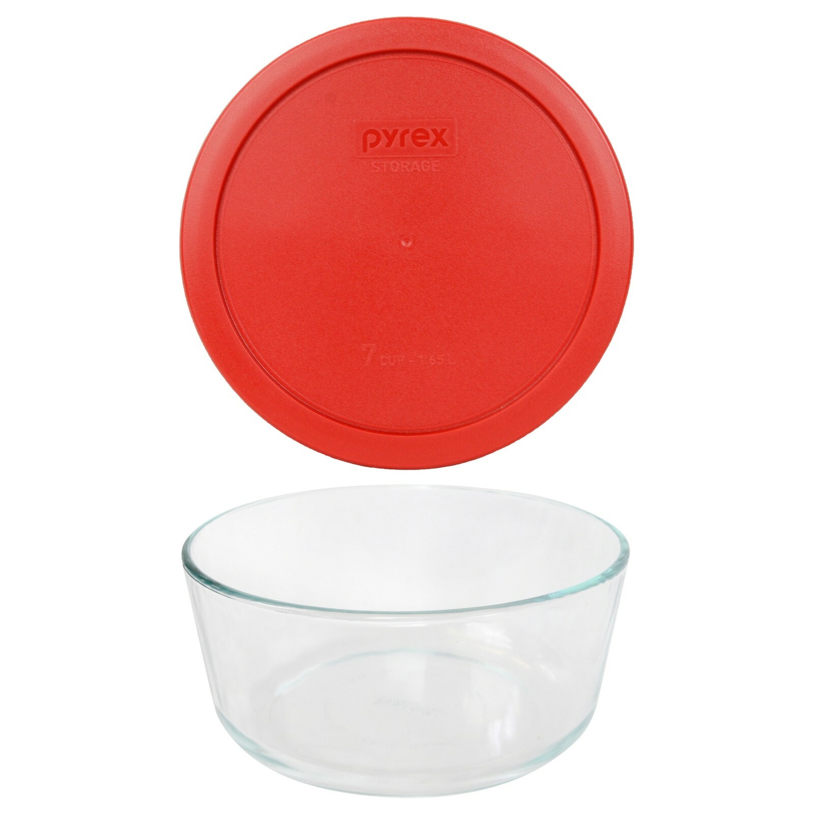 Pyrex 7203 7-Cup Round Glass Food Storage Bowl w/ 7402-PC Poppy Red Lid Cover