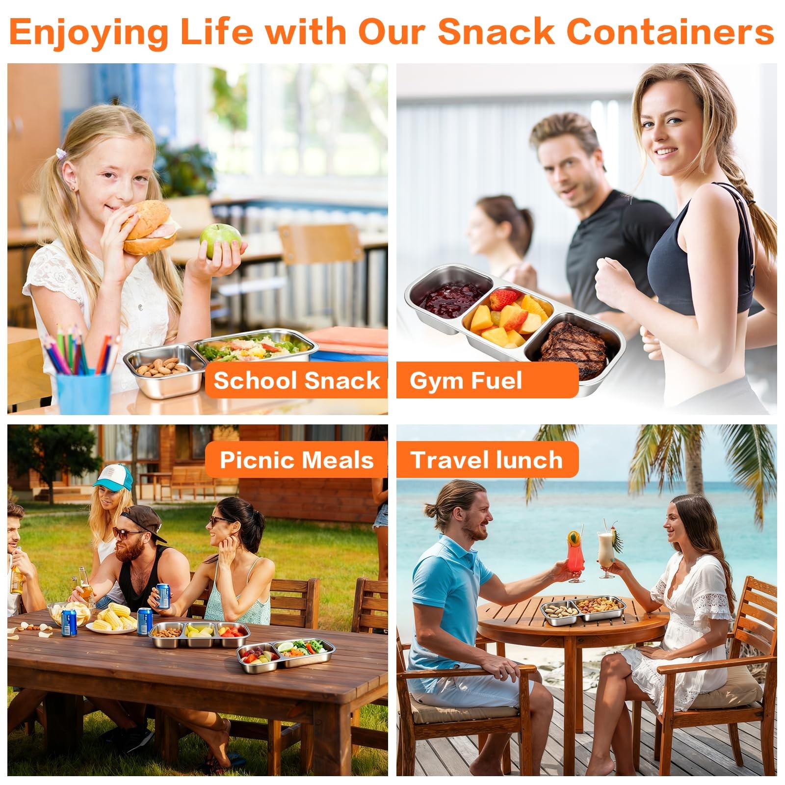 4 Pack Stainless Steel Snack Containers with Lids, 3-Compartments Reusable Lu…