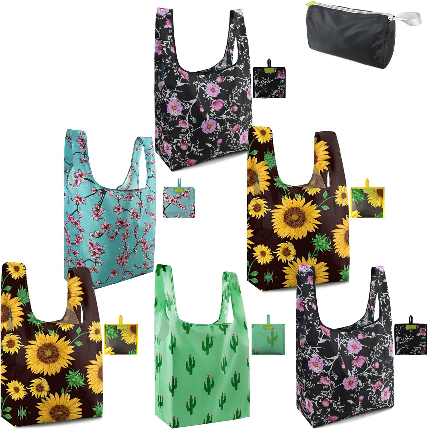 Floral Reusable Grocery Bags Bulk 6 Packs X-Large50Lbs, Reusable Shopping Bags F