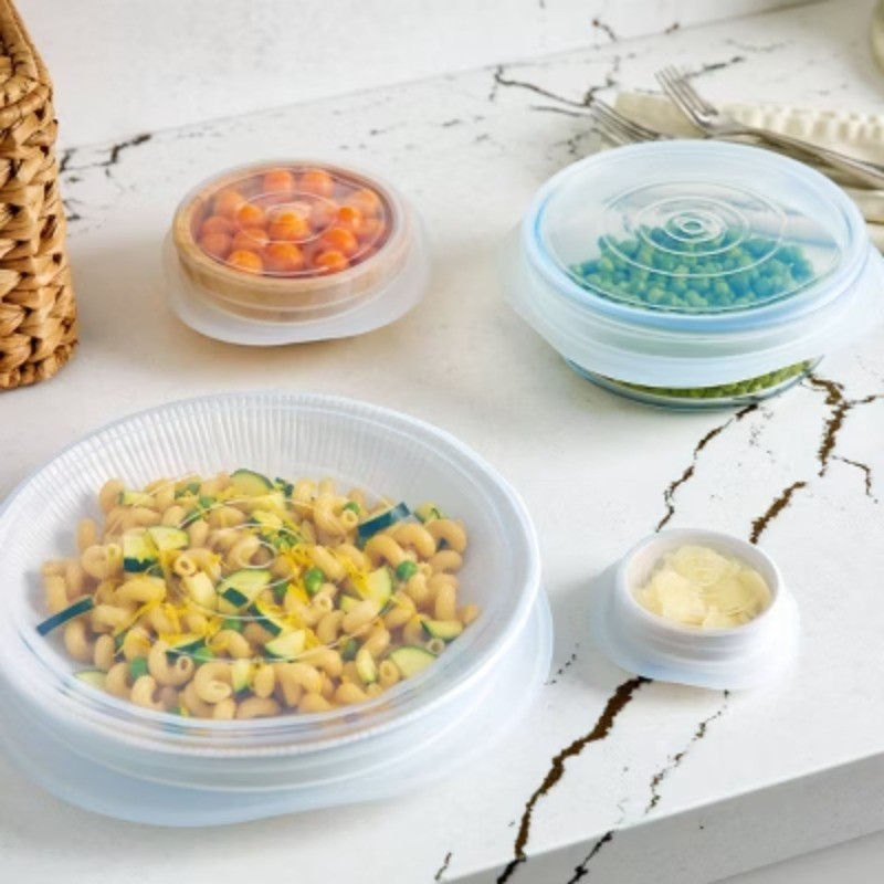 Premium Silicone Reusable Food Storage Lids Starter Kit – Clear – 4pk