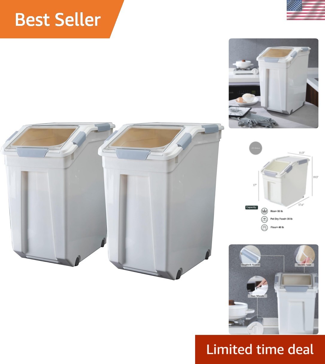 33 Liter / 50 lbs Rice Storage Container with Measuring Cup, BPA free, For Ri…