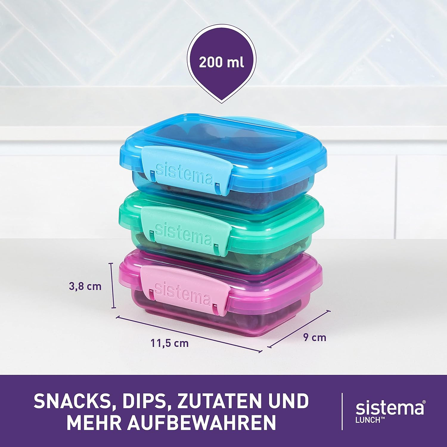 Lunch Collection Food Storage Containers, 6.7 Oz./0.2 L, Pink/Green/Blue, 3 Coun