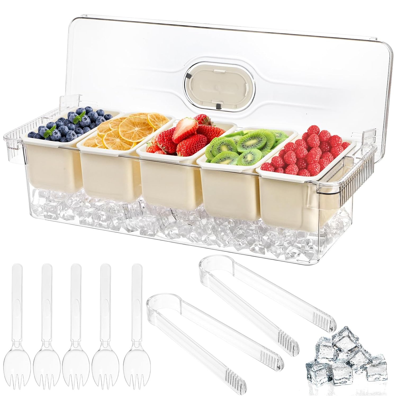 Large Ice Chilled 5 Compartment Condiment Server with Lid Tray and 5