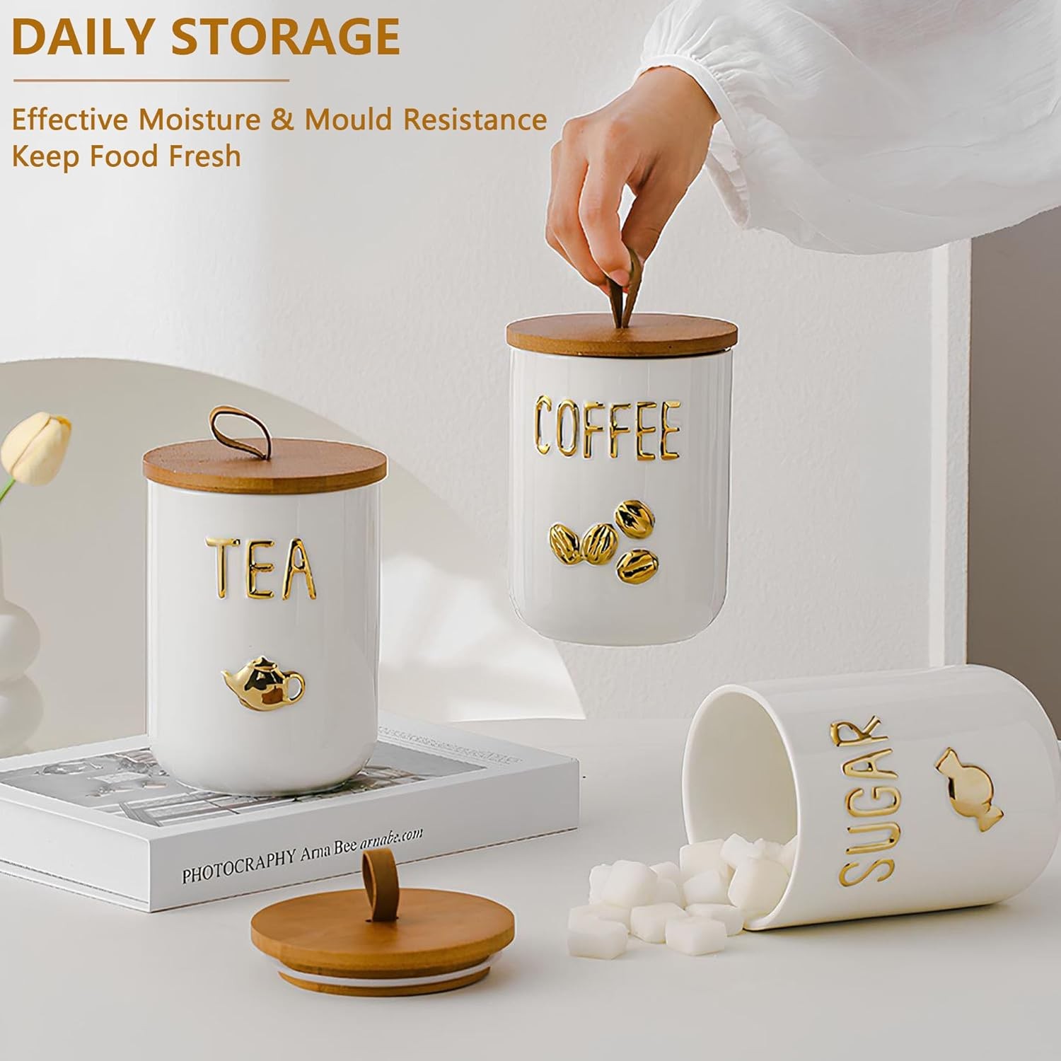 Ceramic Canister Set with Airtight Seal Bamboo Lid Silicone, 27oz Food Storage